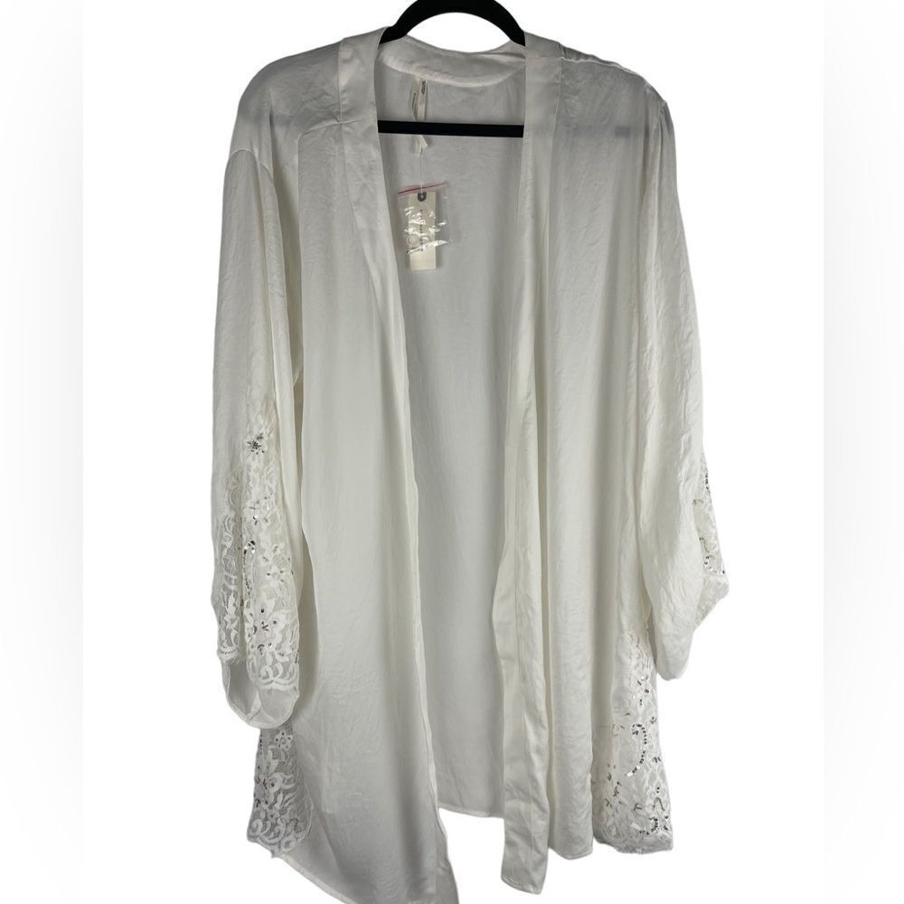 Anthropologie sheer ivory duster / kimono w/ sequined sleeves &‎ hem sz XS/S